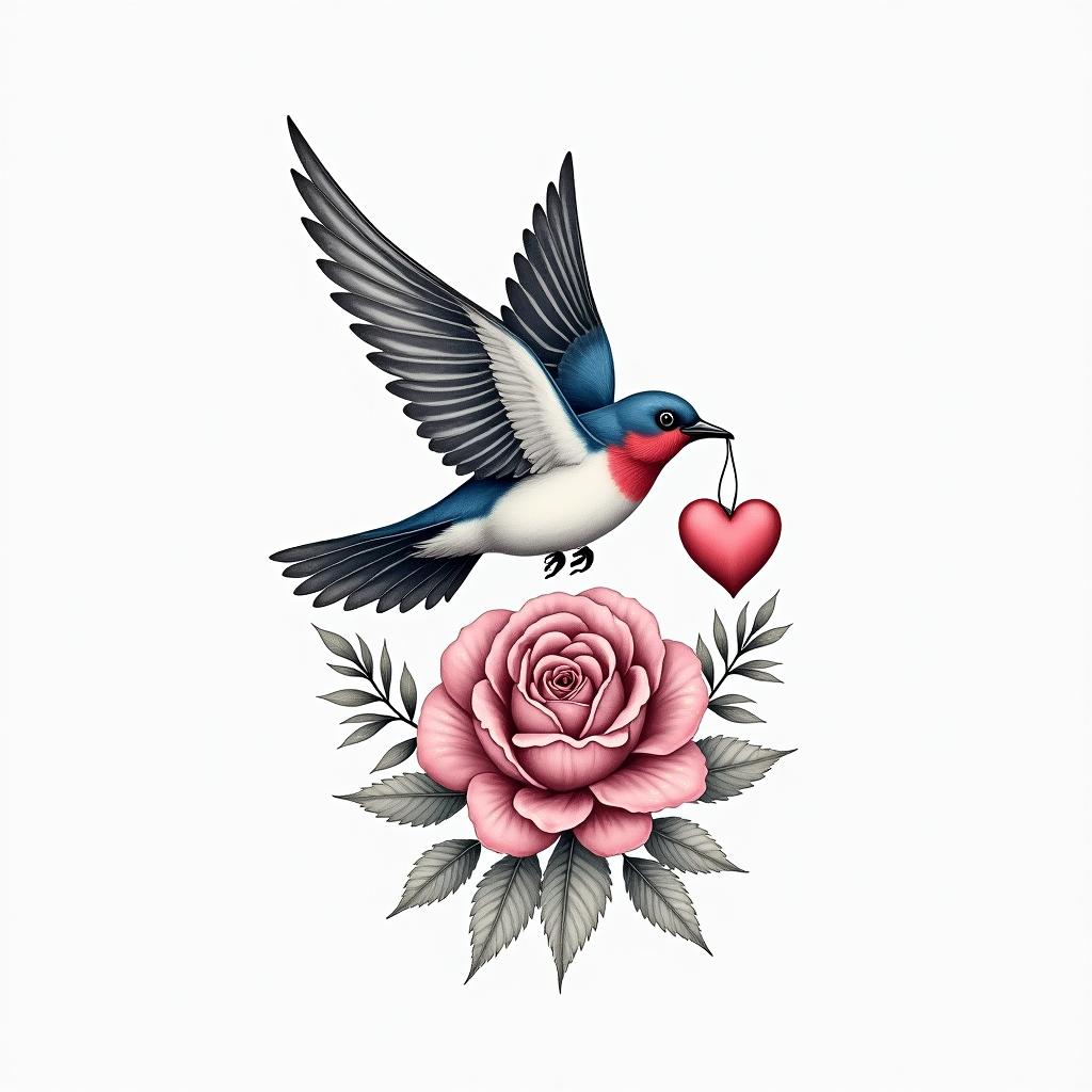 a delicate tattoo design featuring a swallow holding a heart in its claws, symbolizing the protector of travelers and love, surrounded by floral details, in soft shades of blue and pink, poetic and meaningful style.higly detailed tattoo - Variation 2