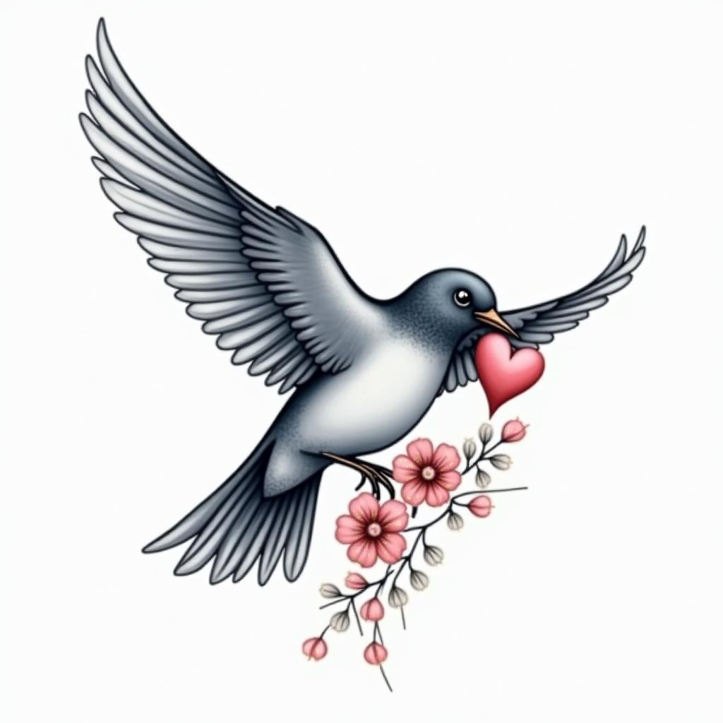 a delicate tattoo design featuring a swallow holding a heart in its claws, symbolizing the protector of travelers and love, surrounded by floral details, in soft shades of blue and pink, poetic and meaningful style.higly detailed tattoo