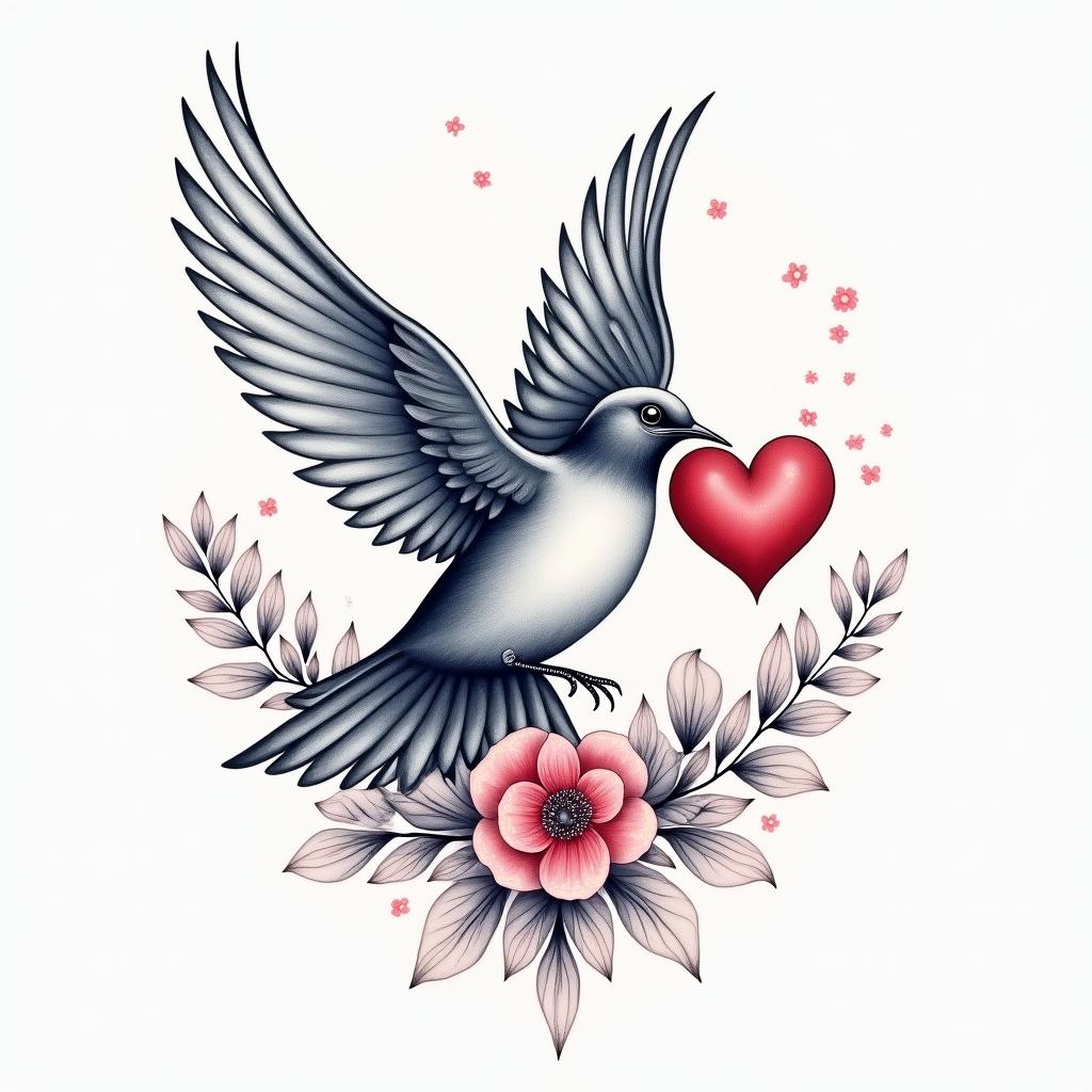 a delicate tattoo design featuring a swallow holding a heart in its claws, symbolizing the protector of travelers and love, surrounded by floral details, in soft shades of blue and pink, poetic and meaningful style.higly detailed tattoo - Variation 4