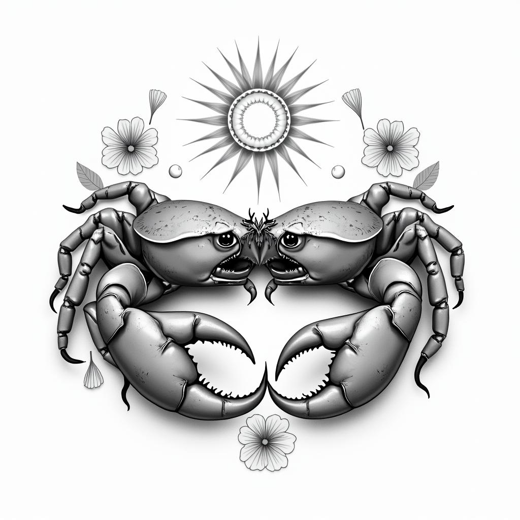 A realistic tattoo design featuring the Cancer zodiac sign represented by two crabs intertwined in a loving embrace, surrounded by delicate flowers and soft celestial elements, conveying a profound sense of love and emotional connection.higly detailed tattoo - Variation 3
