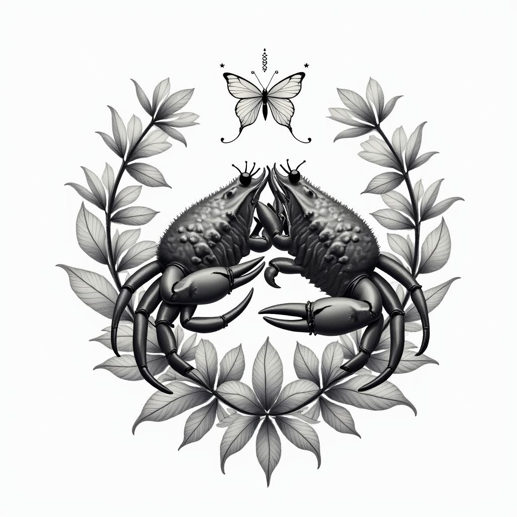 A realistic tattoo design featuring the Cancer zodiac sign represented by two crabs intertwined in a loving embrace, surrounded by delicate flowers and soft celestial elements, conveying a profound sense of love and emotional connection.higly detailed tattoo