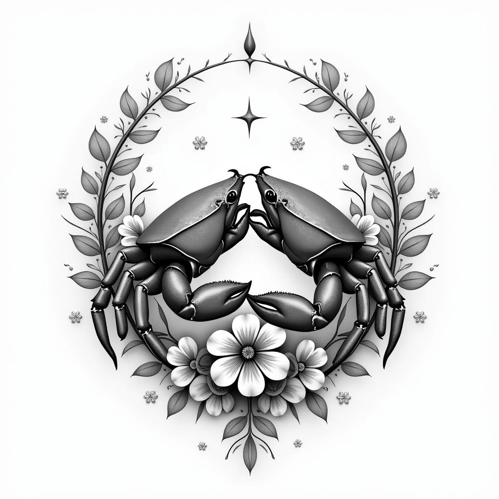 A realistic tattoo design featuring the Cancer zodiac sign represented by two crabs intertwined in a loving embrace, surrounded by delicate flowers and soft celestial elements, conveying a profound sense of love and emotional connection.higly detailed tattoo - Variation 4