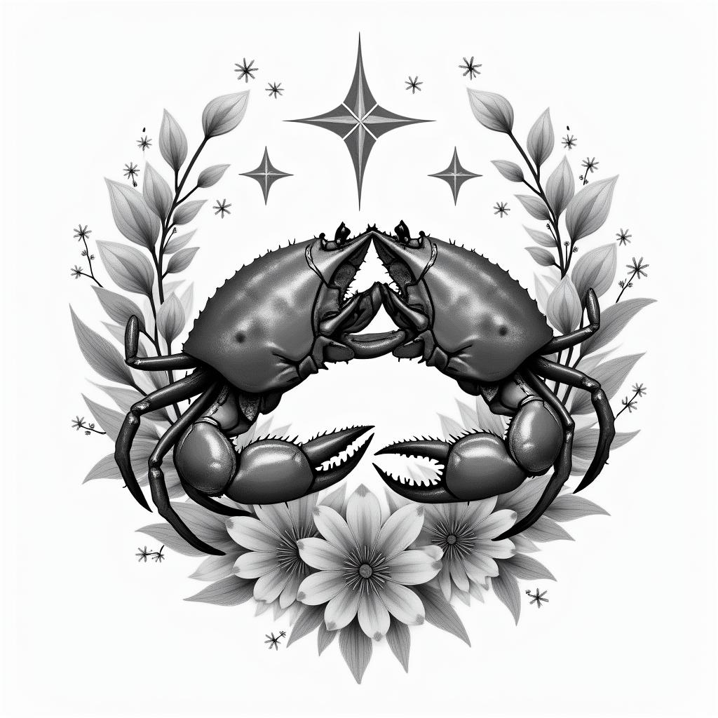 A realistic tattoo design featuring the Cancer zodiac sign represented by two crabs intertwined in a loving embrace, surrounded by delicate flowers and soft celestial elements, conveying a profound sense of love and emotional connection.higly detailed tattoo - Variation 2