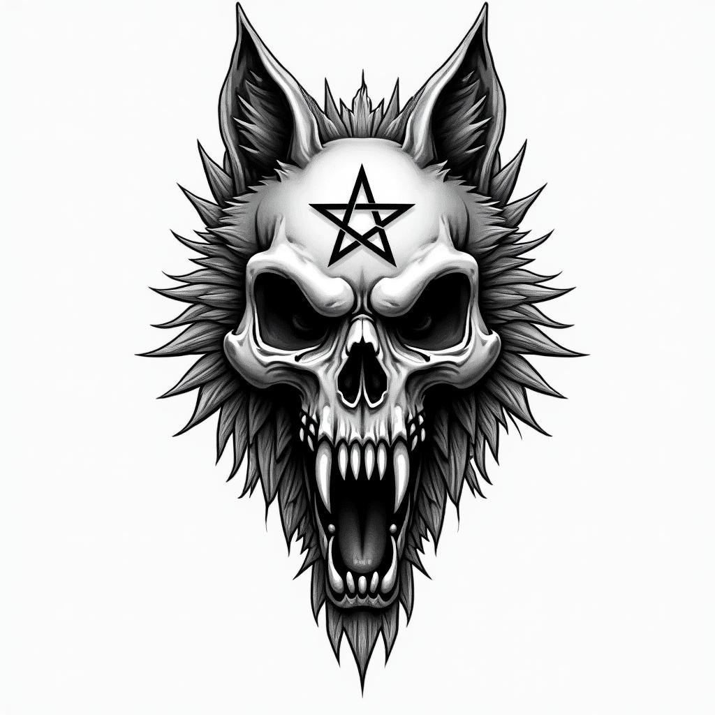 Wolfcreepy horror tattoo style, featuring an eerie and unsettling skull of a demonic creature, distorted face with sharp fangs, add pentagram symbol