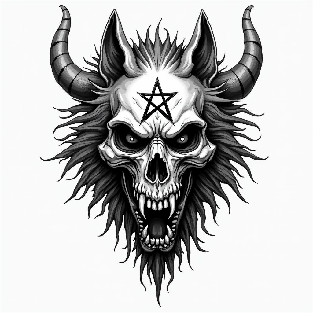 Wolfcreepy horror tattoo style, featuring an eerie and unsettling skull of a demonic creature, distorted face with sharp fangs, add pentagram symbol - Variation 4