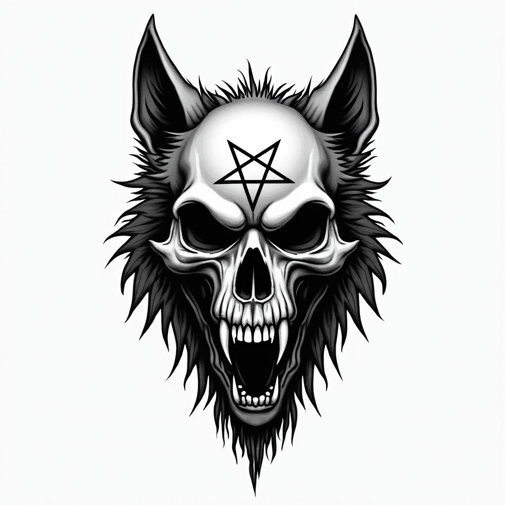 Wolfcreepy horror tattoo style, featuring an eerie and unsettling skull of a demonic creature, distorted face with sharp fangs, add pentagram symbol - Variation 2