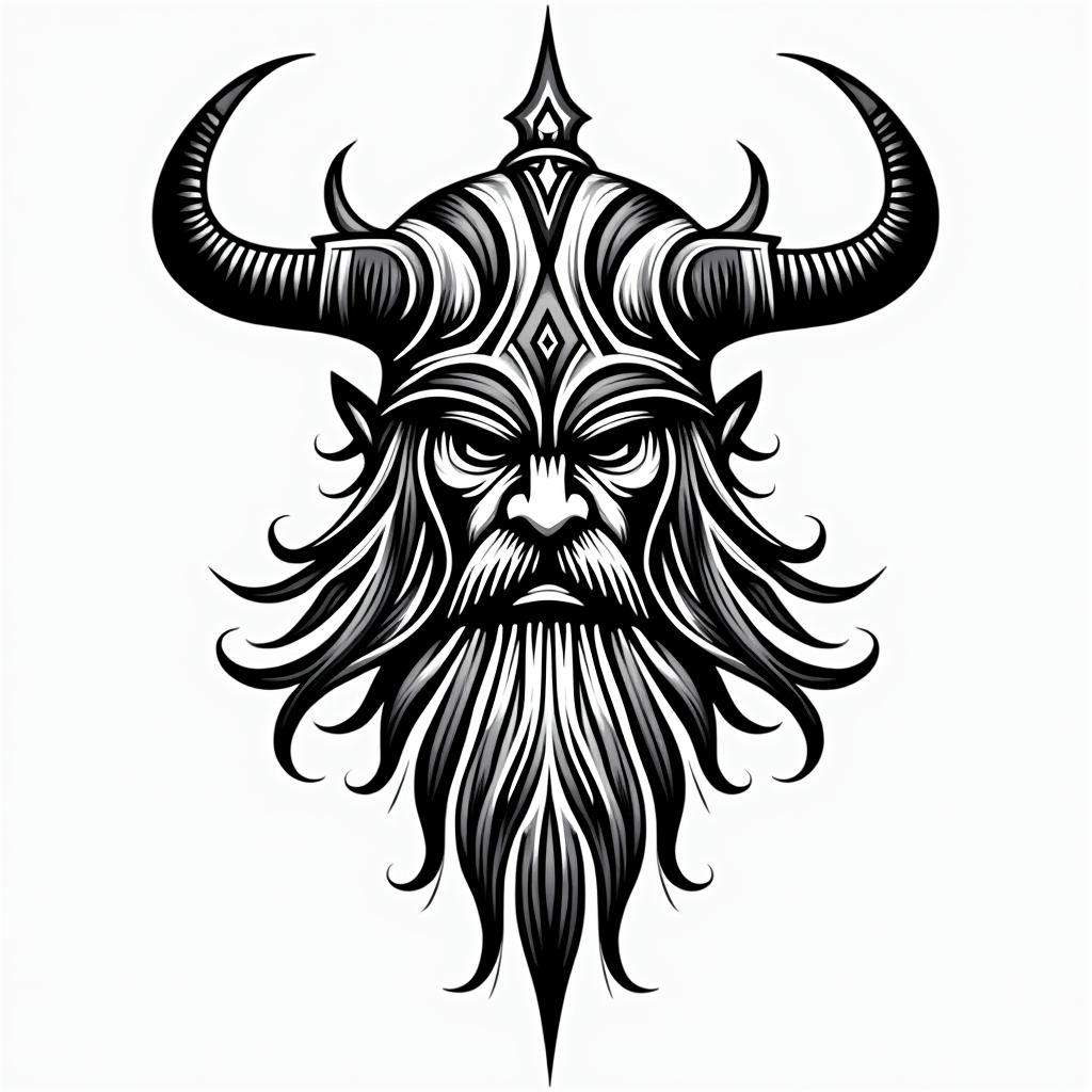 Fierce Viking with intricate helmet designin tribal tattoo style, featuring bold and black geometric shapes, curved lines, intertwine and flow seamlessly, creating a powerful and symbolic design, polynesian and maori styles