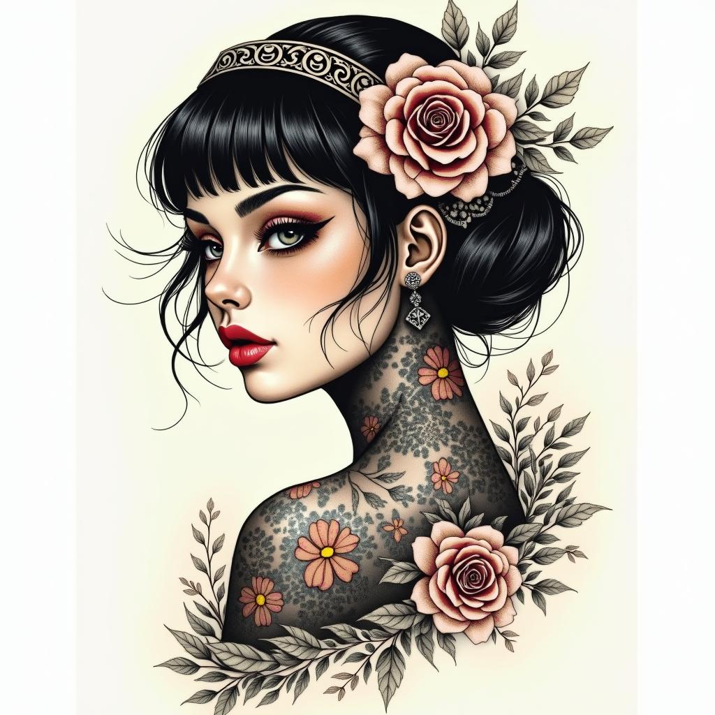 Futuristic cyberpunk girl with neon accentsin victorian style tattoo, featuring vintage and elegant elements, ornate frames, roses, antique, sepia-toned color scheme - Variation 2