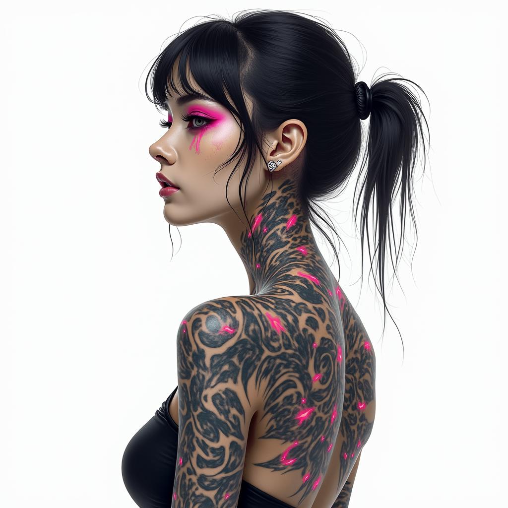 Futuristic cyberpunk girl with neon accentsminimalist text-based tattoo, Monospace font ultra-realistic, perfectly placed, high-quality font design, photo-realistic shading, 8k, high quality, finely detailed typograph