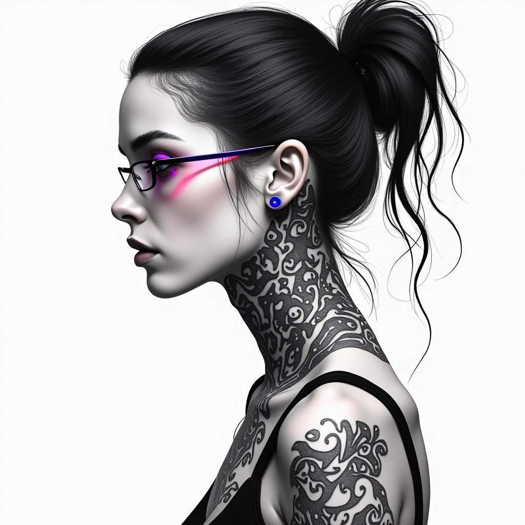 Futuristic cyberpunk girl with neon accentsminimalist text-based tattoo, Monospace font ultra-realistic, perfectly placed, high-quality font design, photo-realistic shading, 8k, high quality, finely detailed typograph - Variation 4