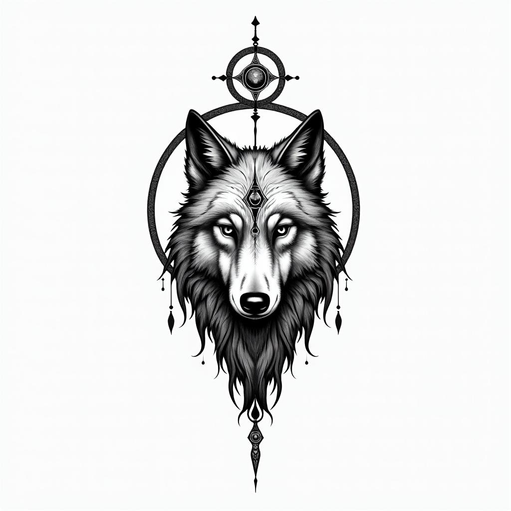 Wolfin spiritual symbols tattoo style, featuring an intricate design incorporating elements, Hamsa hand, third eye, minimalist composition - Variation 2