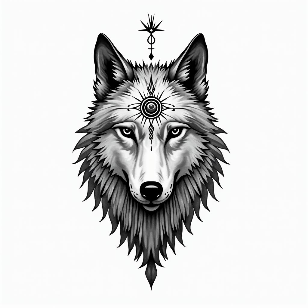 Wolfin spiritual symbols tattoo style, featuring an intricate design incorporating elements, Hamsa hand, third eye, minimalist composition