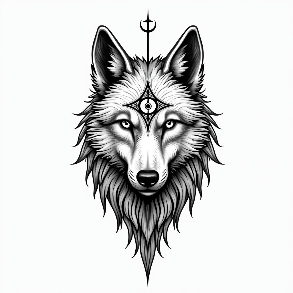 Wolfin spiritual symbols tattoo style, featuring an intricate design incorporating elements, Hamsa hand, third eye, minimalist composition - Variation 4