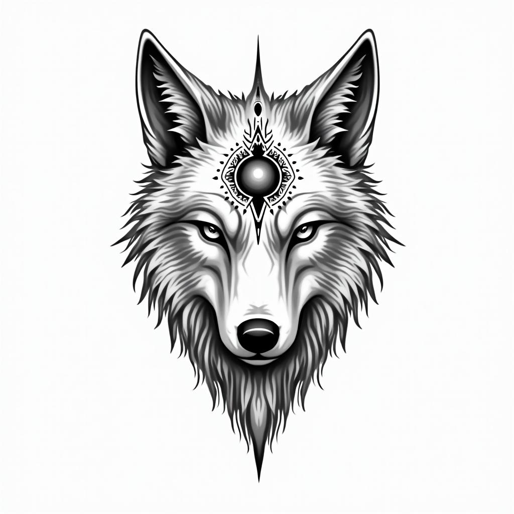 Wolfin spiritual symbols tattoo style, featuring an intricate design incorporating elements, Hamsa hand, third eye, minimalist composition - Variation 3