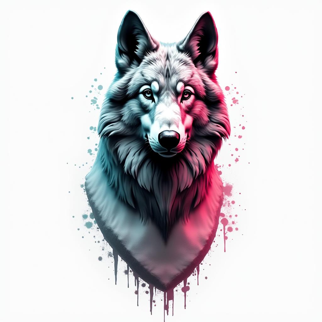 Wolfin distorted and fragmented tattoo design, featuring a classical statue bust, in a glitch art style with vibrant, overlapping colors of cyan, magenta, and yellow, creating a digital distortion effect - Variation 5