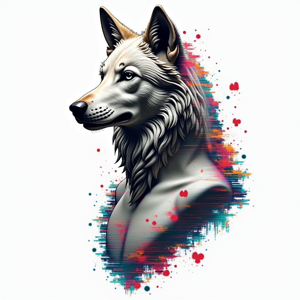 Wolfin distorted and fragmented tattoo design, featuring a classical statue bust, in a glitch art style with vibrant, overlapping colors of cyan, magenta, and yellow, creating a digital distortion effect - Variation 8