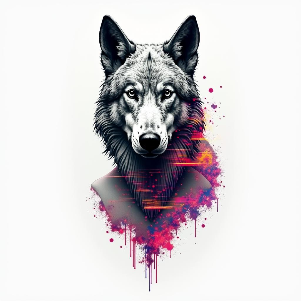 Wolfin distorted and fragmented tattoo design, featuring a classical statue bust, in a glitch art style with vibrant, overlapping colors of cyan, magenta, and yellow, creating a digital distortion effect - Variation 6