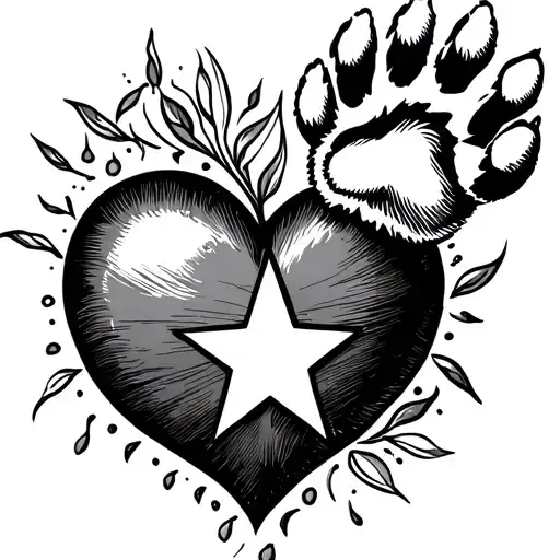 A heart with a star in the middle of the heart and a paw over the right upper side of the heart