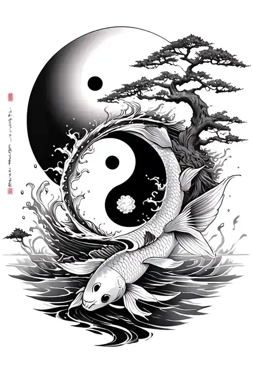 Japanese back tattoo with black sun, Koi carp, ying and yang, splashing water and bonsai tree - Variation 3