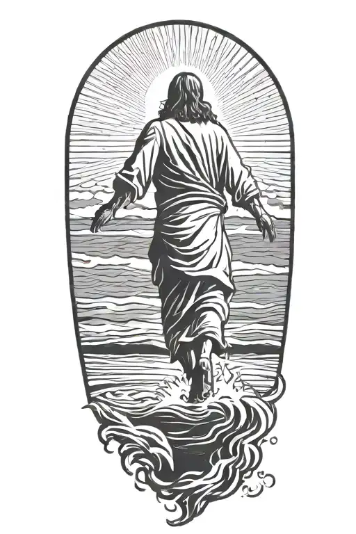 A Silhouette Of muscular Jesus Walking On Water, realistic, veiw from the back, Symbolizing Faith And Strength Tattoo - Variation 2