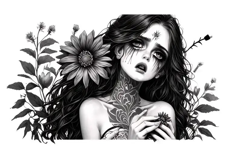 sexy, crying with mascara pale girl wearing little clothing holding a  flower in her hands