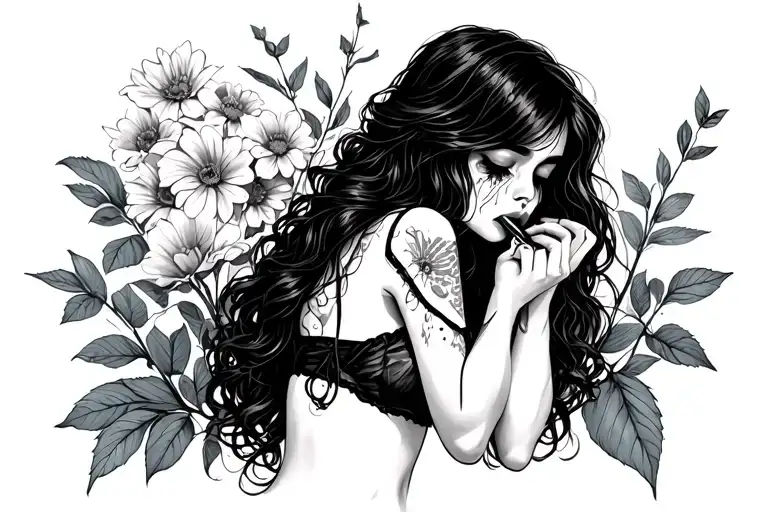 sexy, crying with mascara pale girl wearing little clothing holding a  flower in her hands - Variation 2