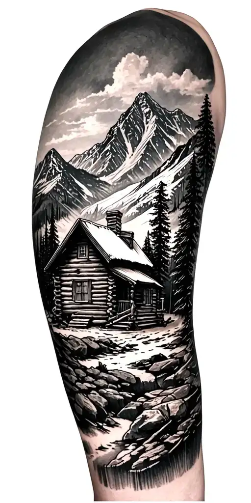 A mountain landscape incorporating a nestled log cabin