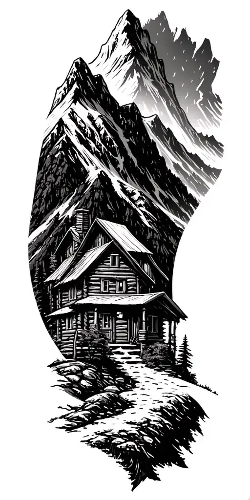 A mountain landscape incorporating a nestled log cabin - Variation 2