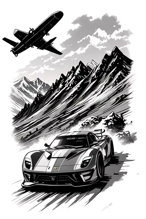 An adventurous sports car driving through a mountain range with a airplane flying in the background
