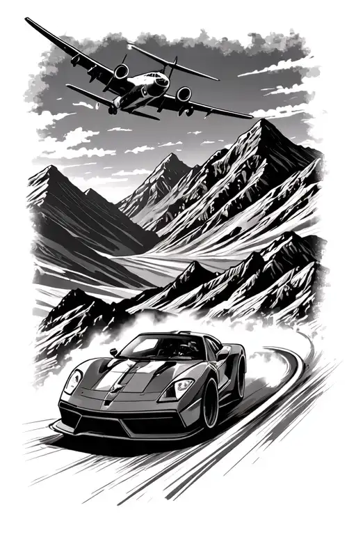 An adventurous sports car driving through a mountain range with a airplane flying in the background - Variation 2