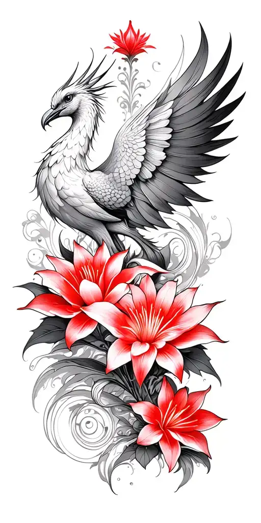 multiple fine line lotus and red Lilly flowers and phoenix intertwined