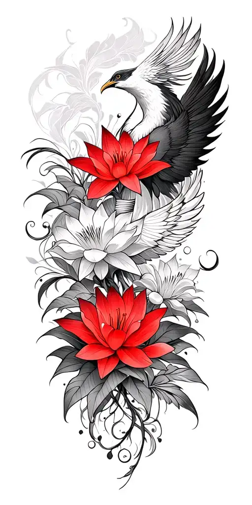 multiple fine line lotus and red Lilly flowers and phoenix intertwined  - Variation 2
