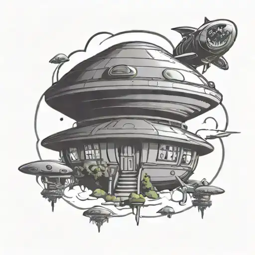 kame house in the background and cartoon style flying saucer - Variation 2