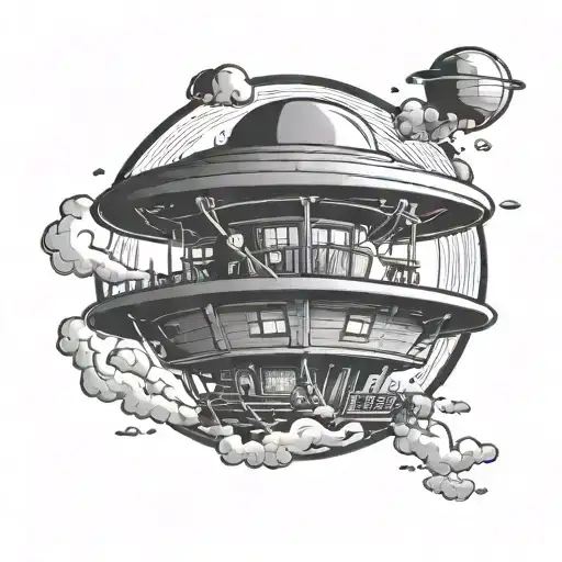 kame house in the background and cartoon style flying saucer - Variation 3