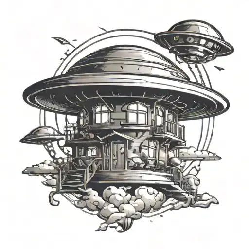 kame house in the background and cartoon style flying saucer - Variation 4