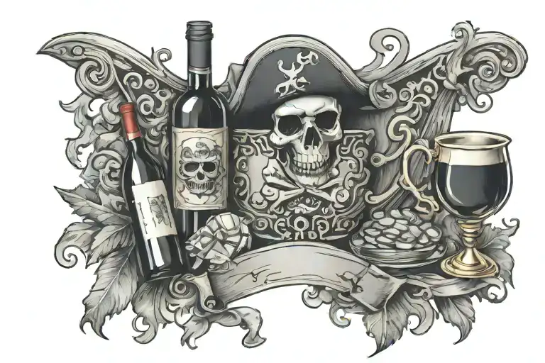scroll/banner along the clavicle in pirate style with a cup overflowing wine and coins scattered