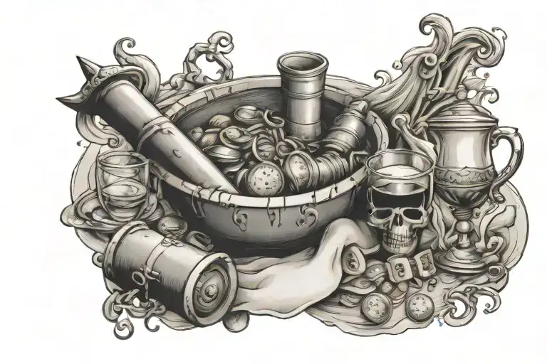 scroll/banner along the clavicle in pirate style with a cup overflowing wine and coins scattered - Variation 2