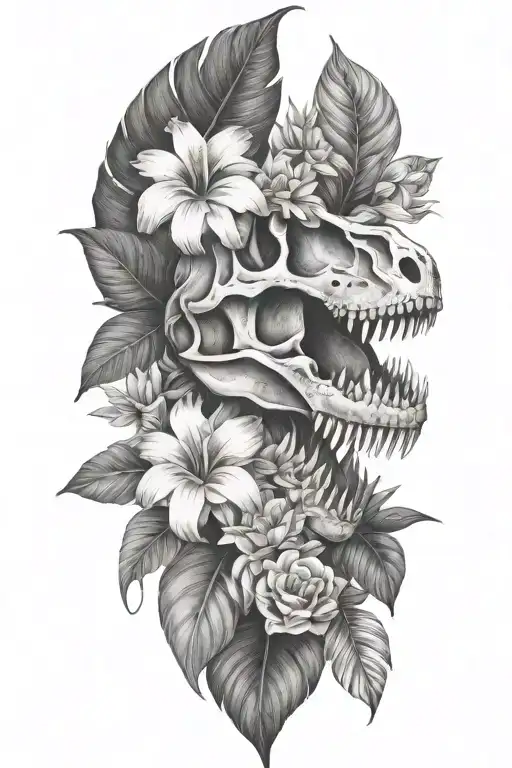 tropical leaves with flowers an T Rex skull - Variation 2