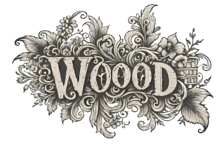 the word "wood" once, with a wood texture design on the inside of the word and flowers growing from the word
