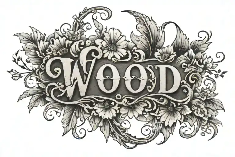 the word "wood" once, with a wood texture design on the inside of the word and flowers growing from the word - Variation 2