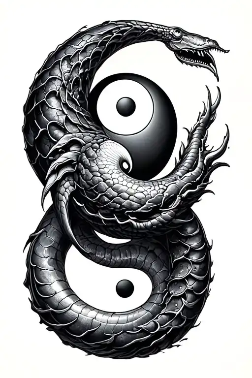 Metallized Ouroboros with Yin and Yang inside it realistic - Variation 1