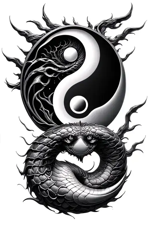 Metallized Ouroboros with Yin and Yang inside it realistic - Variation 2