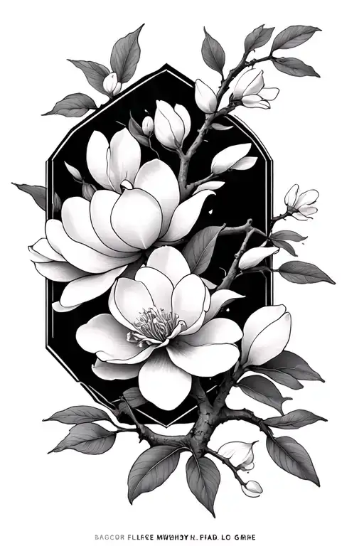 magnolia and cherry blossom branch in fine line tattoo with octagons and travel themes with multiple geometric sections