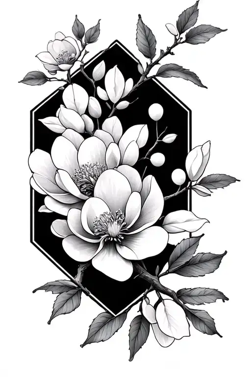magnolia and cherry blossom branch in fine line tattoo with octagons and travel themes with multiple geometric sections - Variation 2