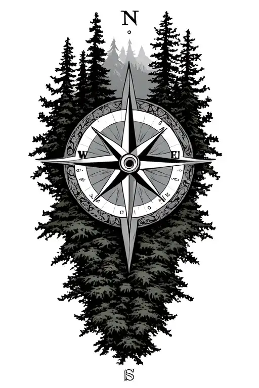 detailed compass rose surrounded by forest