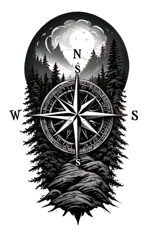 detailed compass rose surrounded by forest - Variation 2
