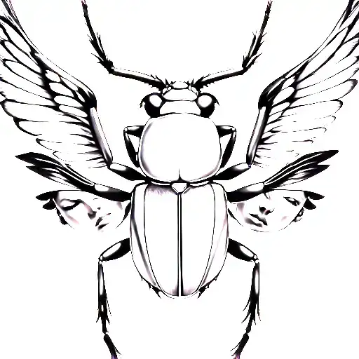 beetle with open wings spread wide with woman faces on the base of its wings
