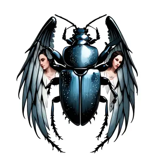 beetle with open wings spread wide with woman faces on the base of its wings - Variation 2