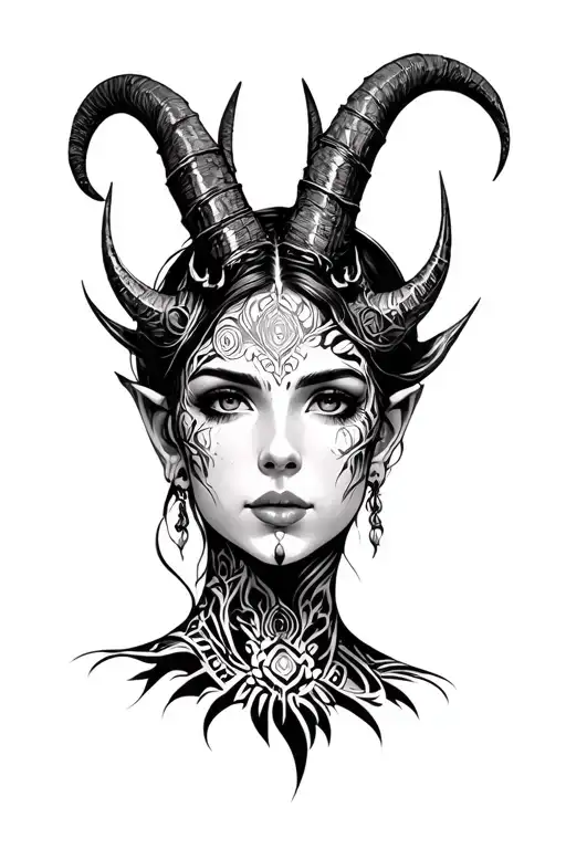 Female figure with unique facial features, decorated with horns or other mythical elements, made in the form of real