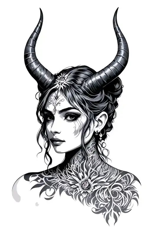 Female figure with unique facial features, decorated with horns or other mythical elements, made in the form of real - Variation 2